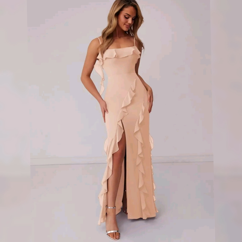 Azazie Peach Ruffle Maxi Dress